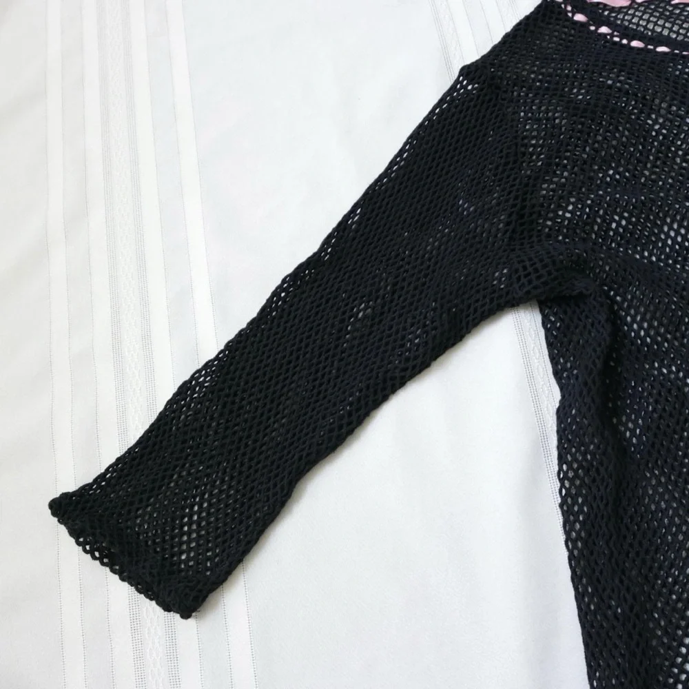 Black fish net long sleeve blouse with pink ribbon bow tie - Picture 3 of 8